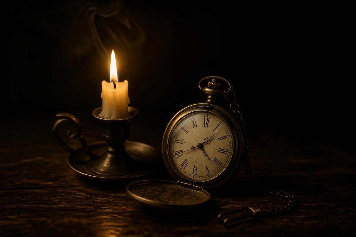 Vela y reloj en la oscuridad